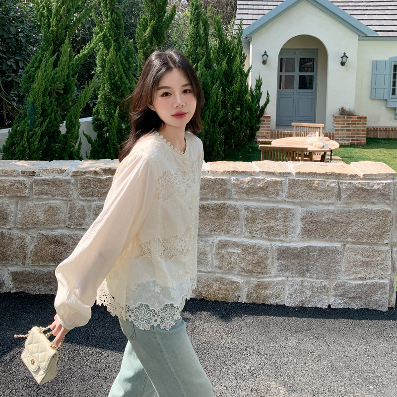 法式蕾丝镂空钩花衬衫外套女春秋2025新款白色衬衣百搭超火高级感,女装衬衫,浙宝B馆111（原065）