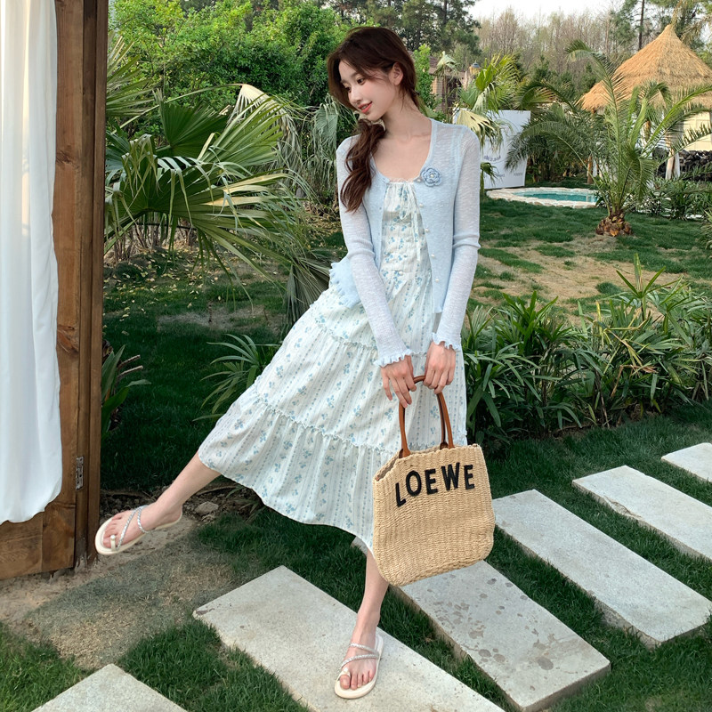 纯欲风甜美碎花吊带连衣裙套装女2025夏季新款轻薄针织开衫两件套,女装连衣裙,浙宝B馆111（原065）