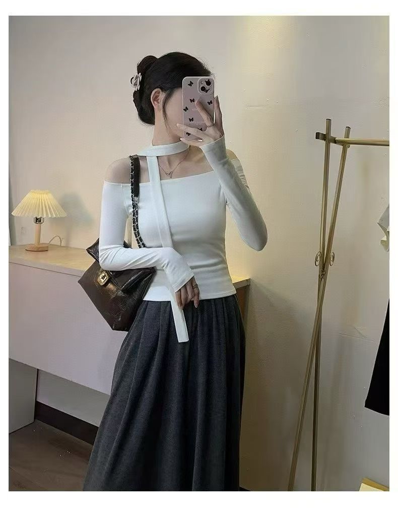 法式荡领一字肩长袖t恤上衣女2025秋新款修身气质显瘦内搭打底衫