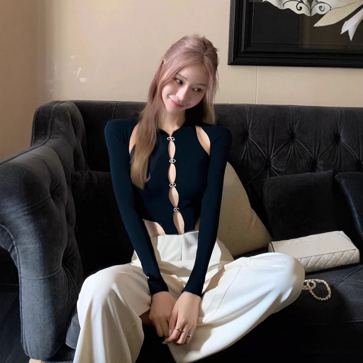 黑色镂空性感辣妹连体上衣女