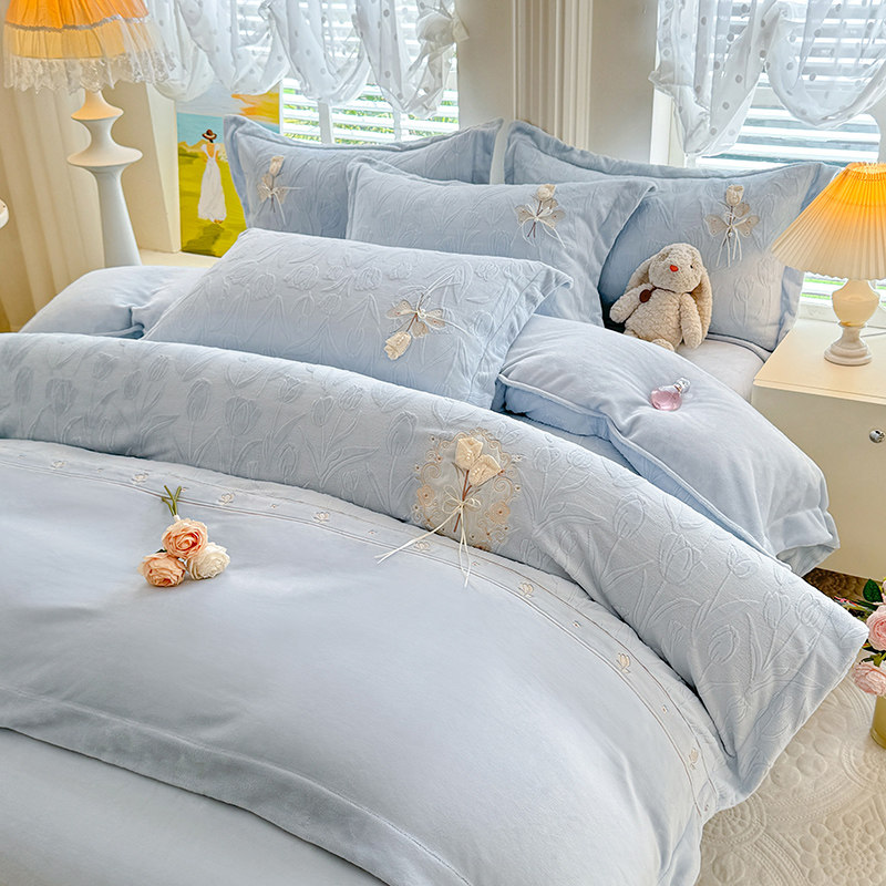 韩式立体雕花绒四件套秋冬加厚加密牛奶绒床单床笠防静电床上用品