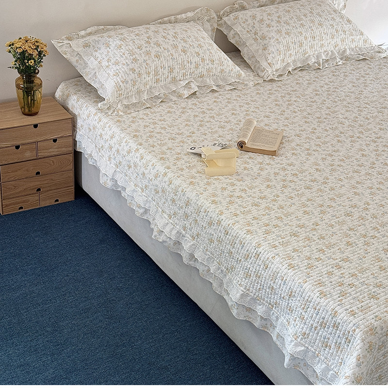 ins韩式小碎花全棉床盖三件套少女心双层花边绗缝夹棉榻榻米床单