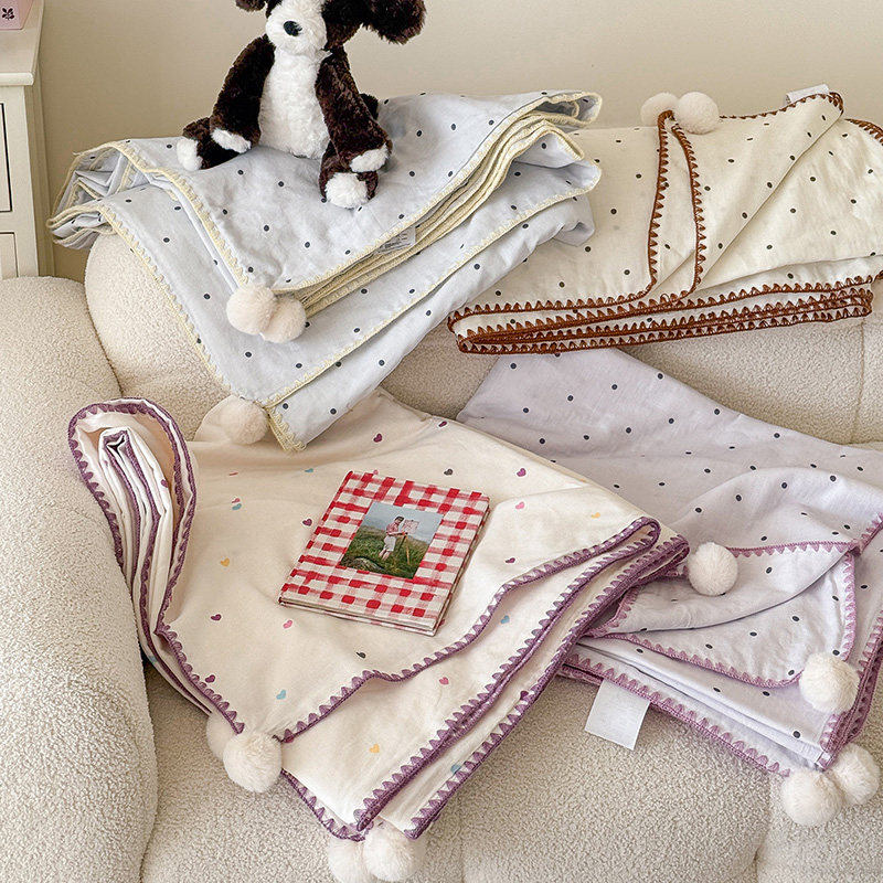 ins儿童波点球球纱布盖毯幼儿园全棉双层纱午睡盖毯办公室午休毯