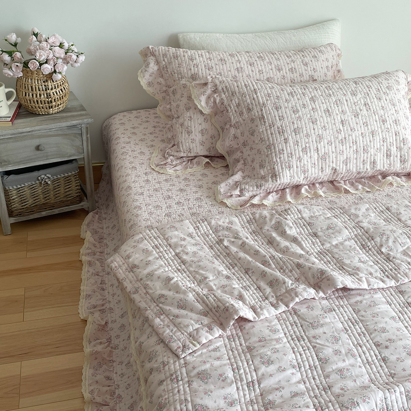 韩国ins小碎花全棉床盖四件套四季夹棉绗缝炕单床单双人2米春秋被