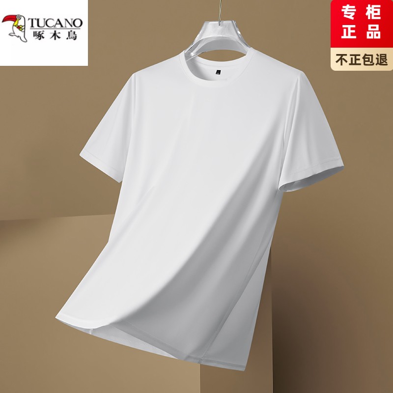 2025男士桑蚕丝短袖T恤夏季薄款冰丝圆领纯白色宽松运动潮流体恤