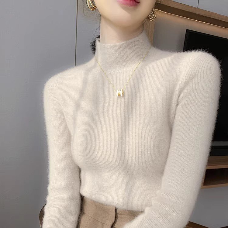 软糯半高领羊绒衫女100纯羊绒修身显瘦紧身套头针织打底毛衣