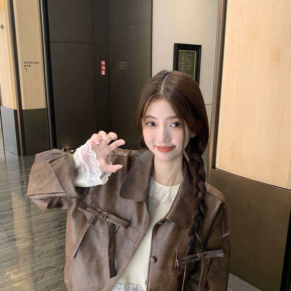 PPHOME美拉德复古蝴蝶结皮衣外套女秋季美式辣妹休闲宽松夹克上衣