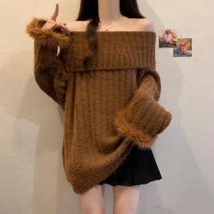 高级感一字肩温柔麻烦毛衣女冬新款胖MM高级感显瘦慵懒风针织衫女