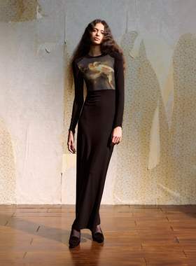 DUE E CHEN油画印花垫肩长袖连衣裙女秋冬收腰修身显瘦设计感长裙