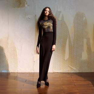 连衣裙女秋冬收腰修身 CHEN油画印花垫肩长袖 显瘦设计感长裙 DUE