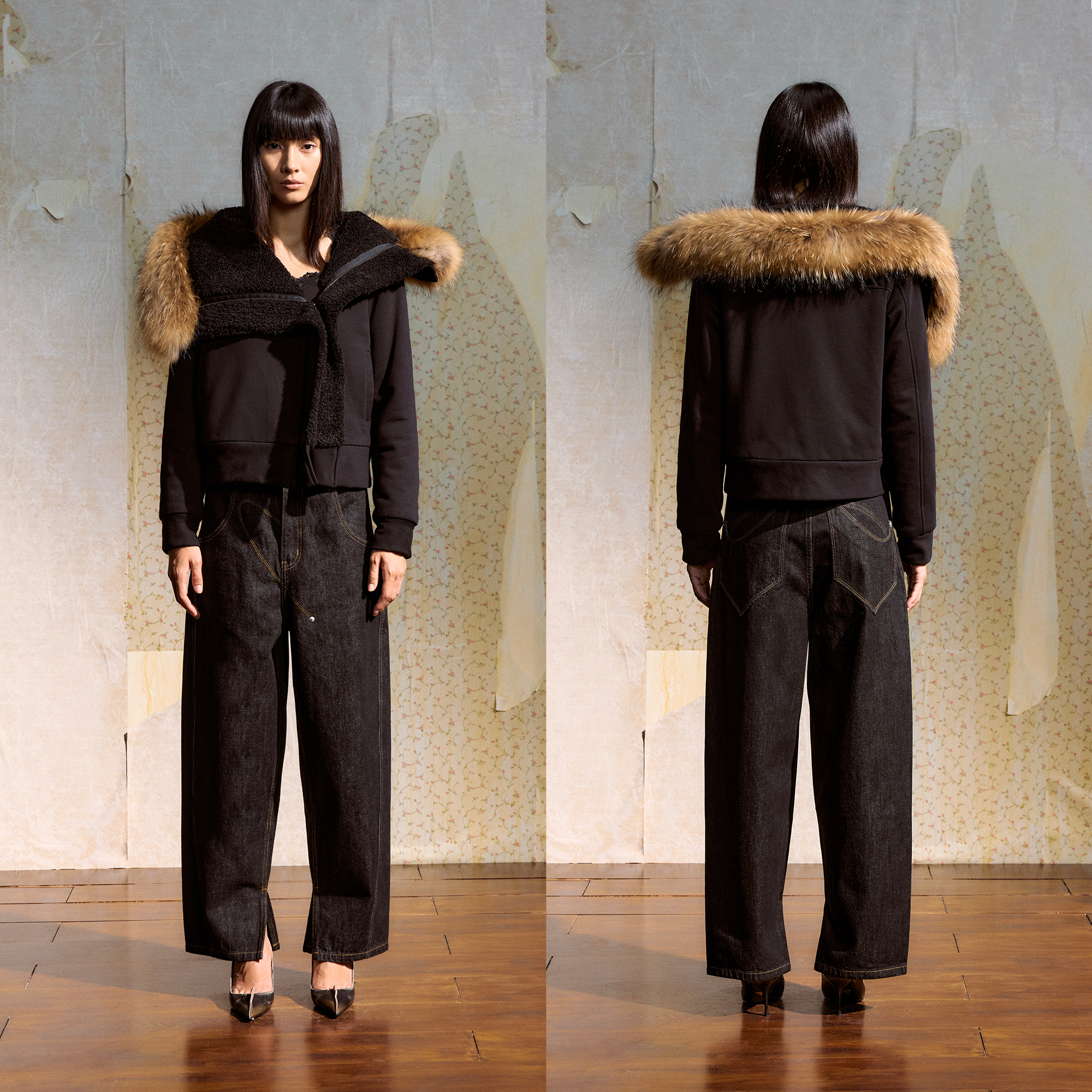 DUEECHEN撞色线迹原牛牛仔裤