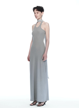 DUE E CHEN 显白提亮 特调灰蓝色 长飘带挂脖罗纹针织无袖长裙女