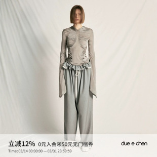 长袖 DUE 原创设计连帽异型分割抽皱灰色修身 CHEN 小众上衣女