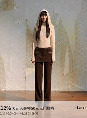 DUE E CHEN 复古嬉皮风假两件叠搭雪尼尔条绒直筒裙裤女休闲裤