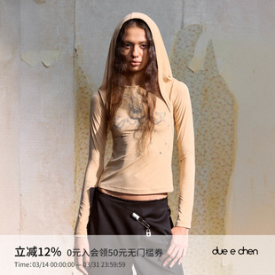 长袖 DUE 复古手绘吊灯图案连帽抽褶修身 CHEN T恤上衣女小众设计