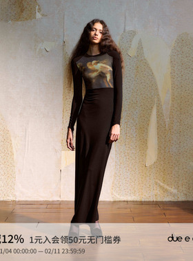 DUE E CHEN油画印花垫肩长袖连衣裙女秋冬收腰修身显瘦设计感长裙