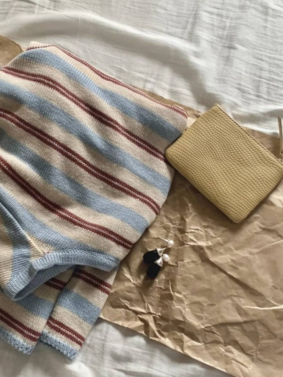 条纹v领慵懒撞色长袖防晒衫韩版针织衫女夏薄款宽松冰丝新款上衣