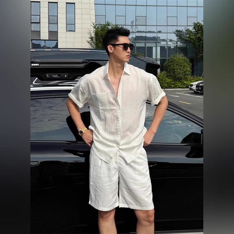 高端男士老钱风亚麻休闲套装