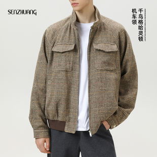 男士千鸟格哈灵顿夹克外套男款2025新款美式格纹立领上衣潮牌男装