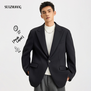 黑色简约戗驳领上衣高级感痞帅西服秋 外套2025新款 男士 一粒扣西装