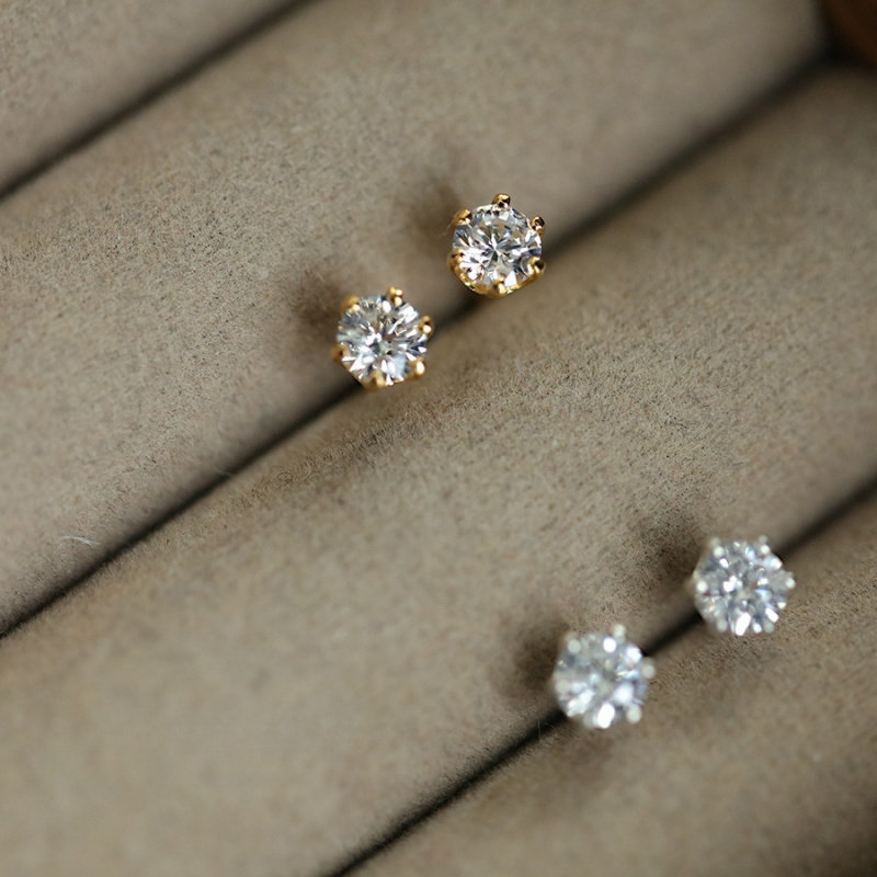 ROMANTIC925银镀18K金皇冠单钻六爪耳钉女简约大气款经典耳饰品