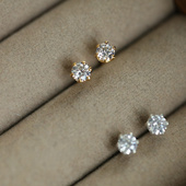 ROMANTIC925银镀18K金皇冠单钻六爪耳钉女简约大气款 经典 耳饰品