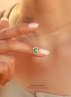 纯银绿锆石吊坠项链复古风锁骨链