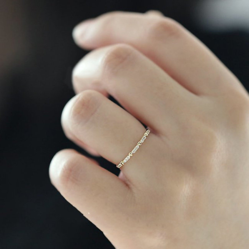 ROMANTIC925纯银镀14K金戒指女日韩简约爱心排镶钻百搭极简尾戒