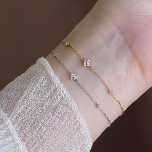 ROMANTIC925纯银镀18K黄金迷你四瓣小花闪钻手链四叶草通勤百搭款