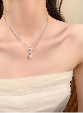 925纯银珍珠款字母双层项链女