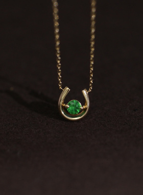 U型绿锆石复古锁骨项链女纯银