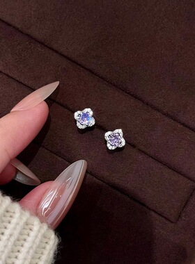 ROMANTIC925纯银紫色小花耳钉女轻奢复古高级感耳饰精致百搭耳环