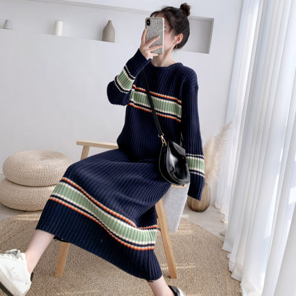 特大码胖mm毛衣女春秋冬外穿2024新款长款过膝宽松条纹针织连衣裙