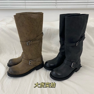 靴子女 皮带扣堆堆靴nt3复古做旧长靴negativethree韩版 张元 英同款