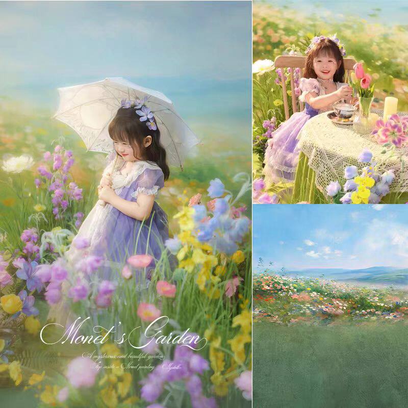 莫奈花园油画摄影背景布