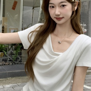 韩系松弛褶皱荡领短袖 收腰显瘦百搭 女2025新款 夏蕾丝拼接修身