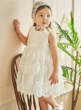 2024夏款韩国正品童装Saut de Lange女孩公主蕾丝白色礼服连衣裙