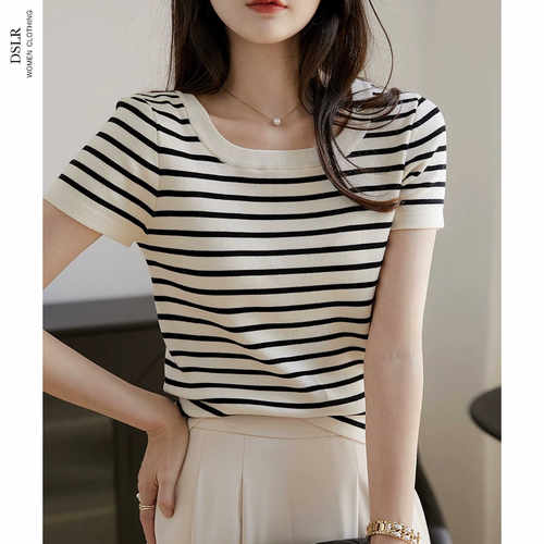 条纹方领针织衫短袖T恤
