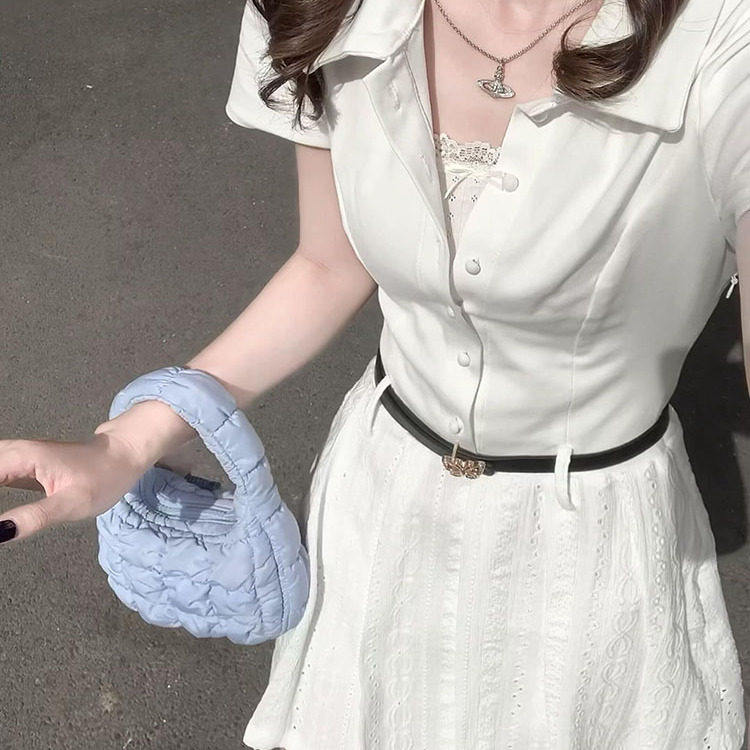 法式polo领白色连衣裙女2026初夏穿搭小个子高级感a字收腰短裙子