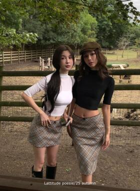 Lattitude/杨小鹭 切尔西 复古格纹半身裙女蕾丝腰头辣妹包臀裙女