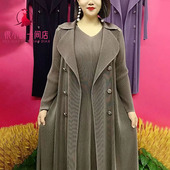 新款 大码 女装 中年妈妈褶皱假两件风衣裙春季 收腰显瘦连衣裙套装 女