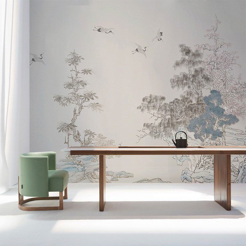 现代新中式禅意飞鹤墙纸茶室书房卧室壁纸客厅背景墙装饰素雅墙布