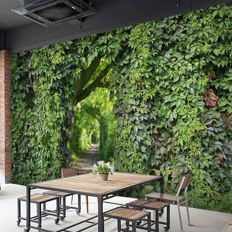 绿色植物壁纸奶茶饭店装饰大自然森林壁画空间延伸立体3d墙布墙纸图片