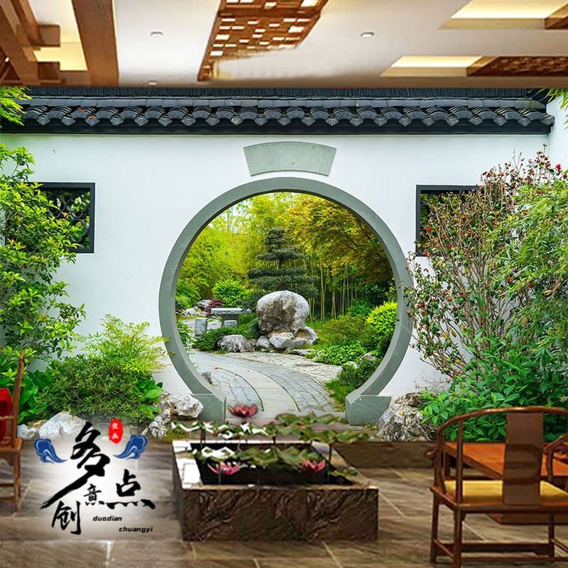 3d复古中国风庭院屋檐壁纸中式饭店餐厅酒楼包间壁画古风背景墙纸
