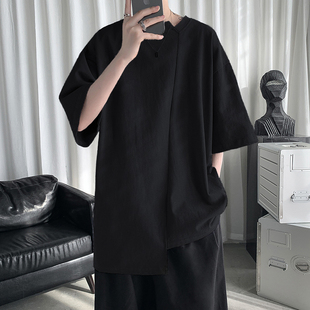 半袖 山本风不规则短袖 男设计感小众暗黑系纯棉t恤高级感开衩7分袖