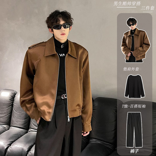 男模穿搭套装美拉德短款垫肩外套高级感痞帅男装一套美式飞行夹克