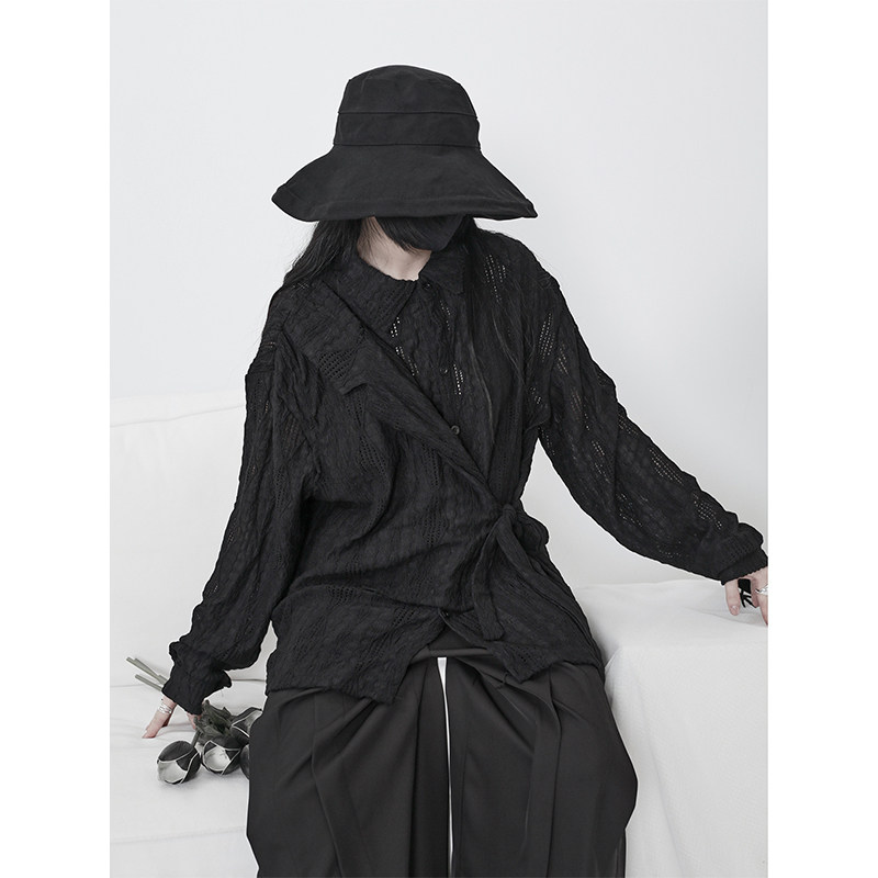 暗黑系复古小众提花镂空肌理感衬衣新中式绑带设计假两件衬衫大码,男装,汉服,淘宝优惠券,粉丝福利购,淘宝优惠卷