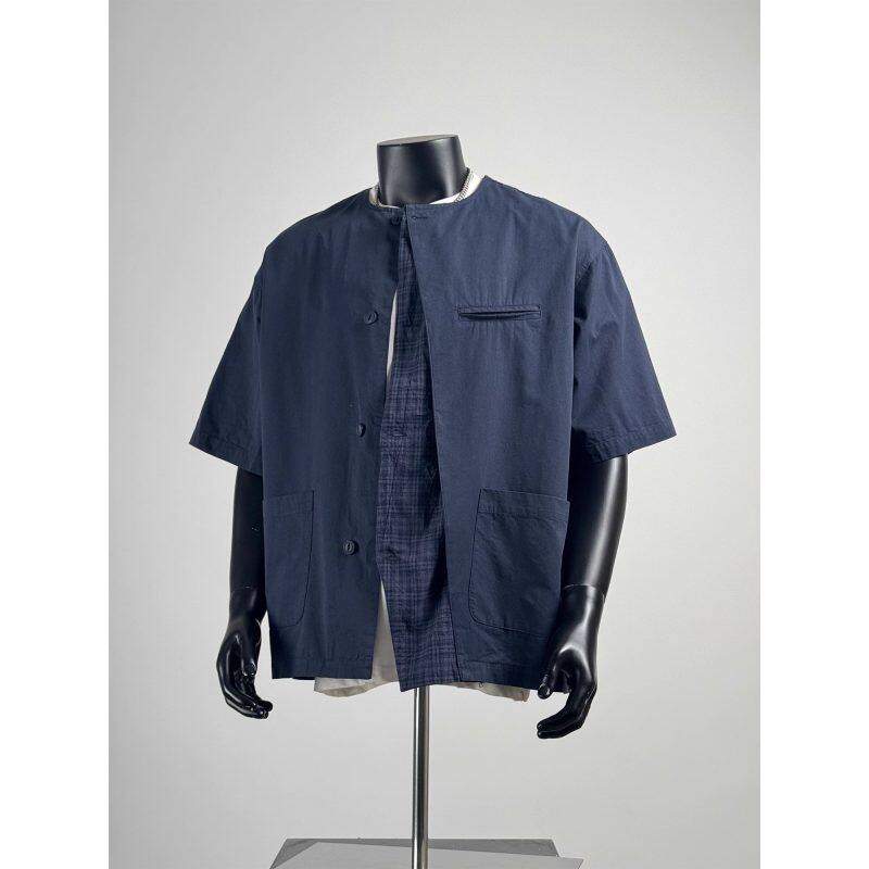 日系复古拼接假两件工装短袖衬衫男款夏季无领衬衣藏青色半袖外套,男装,T恤,淘宝优惠券,粉丝福利购,淘宝优惠卷