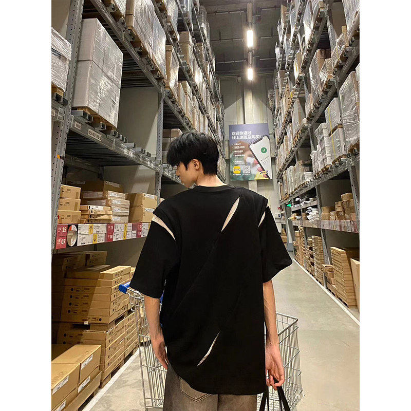 美式高街解构分割垫肩短袖男痞帅高级感小领口T恤潮牌发型师穿搭,男装,T恤,淘宝优惠券,粉丝福利购,淘宝优惠卷