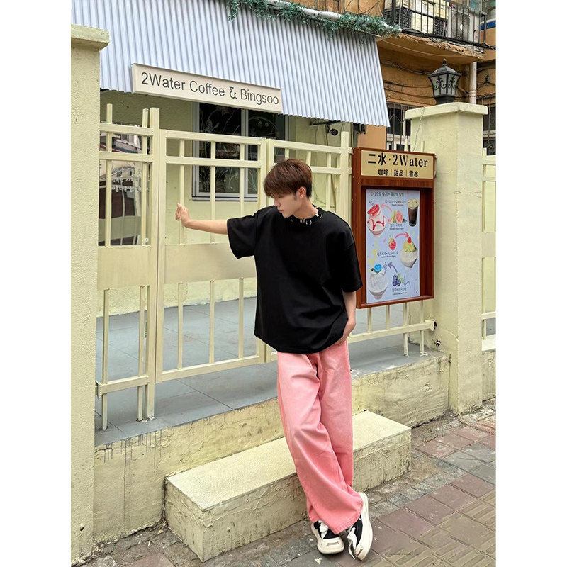 欧美潮牌金属扣T恤衫男重磅小领口垫肩短袖美式休闲设计感半截袖,男装,时尚防晒服,淘宝优惠券,粉丝福利购,淘宝优惠卷